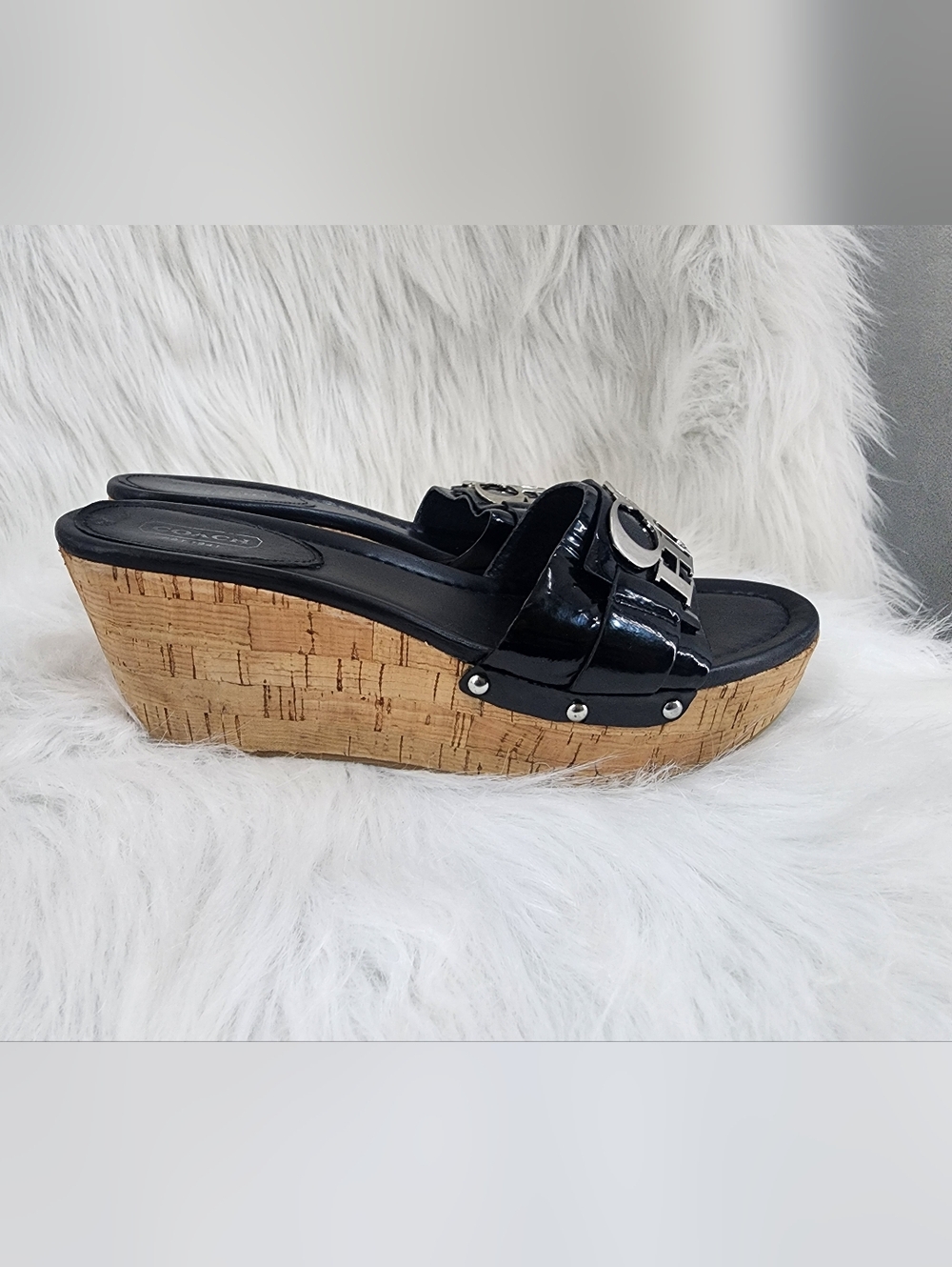 NWOT Coach Slip On Black Patent Leather Cork Wedge Sandals Size 7 - Picture 3 of 10